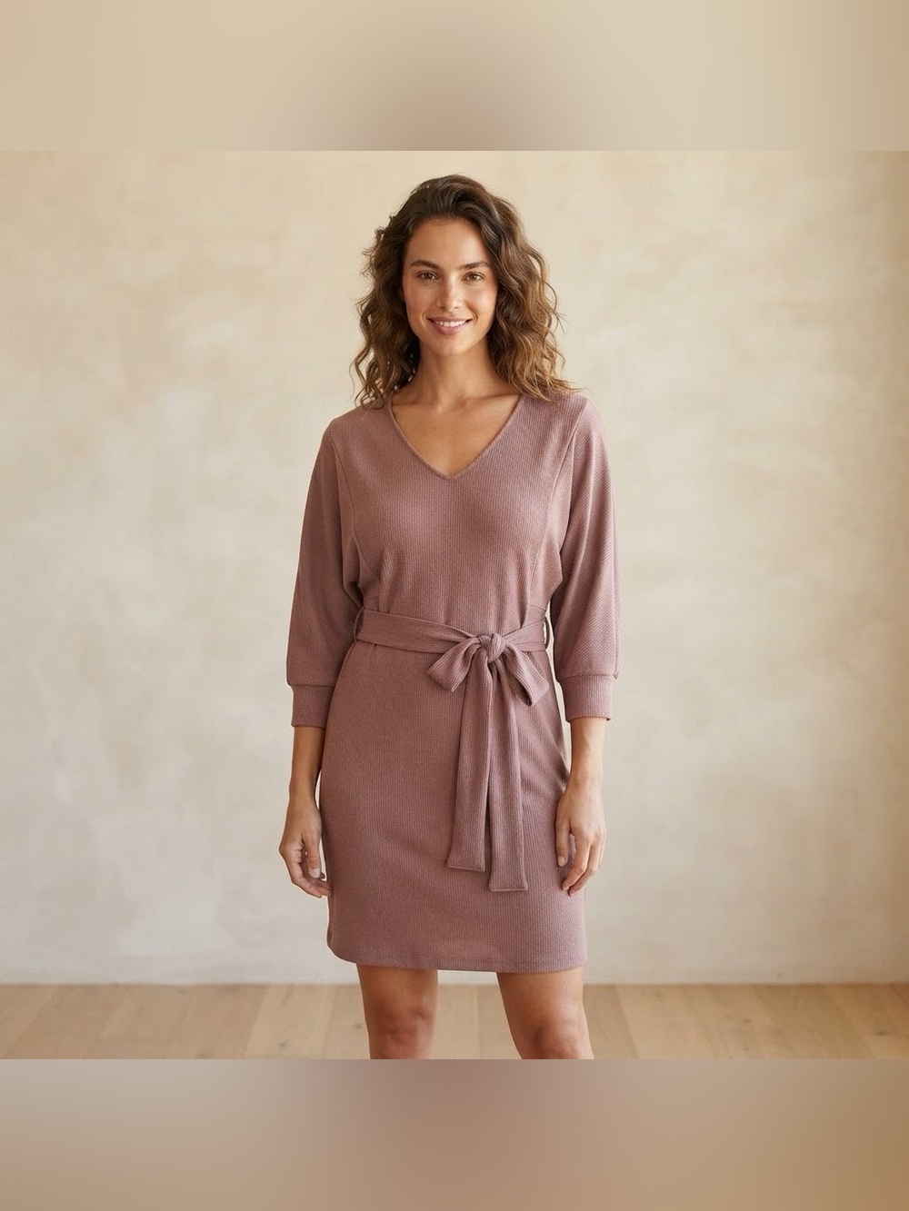 Dex Ribbed V Neck Belted Midi Dress Mauve Pink Size Medium Removable Waist Belt